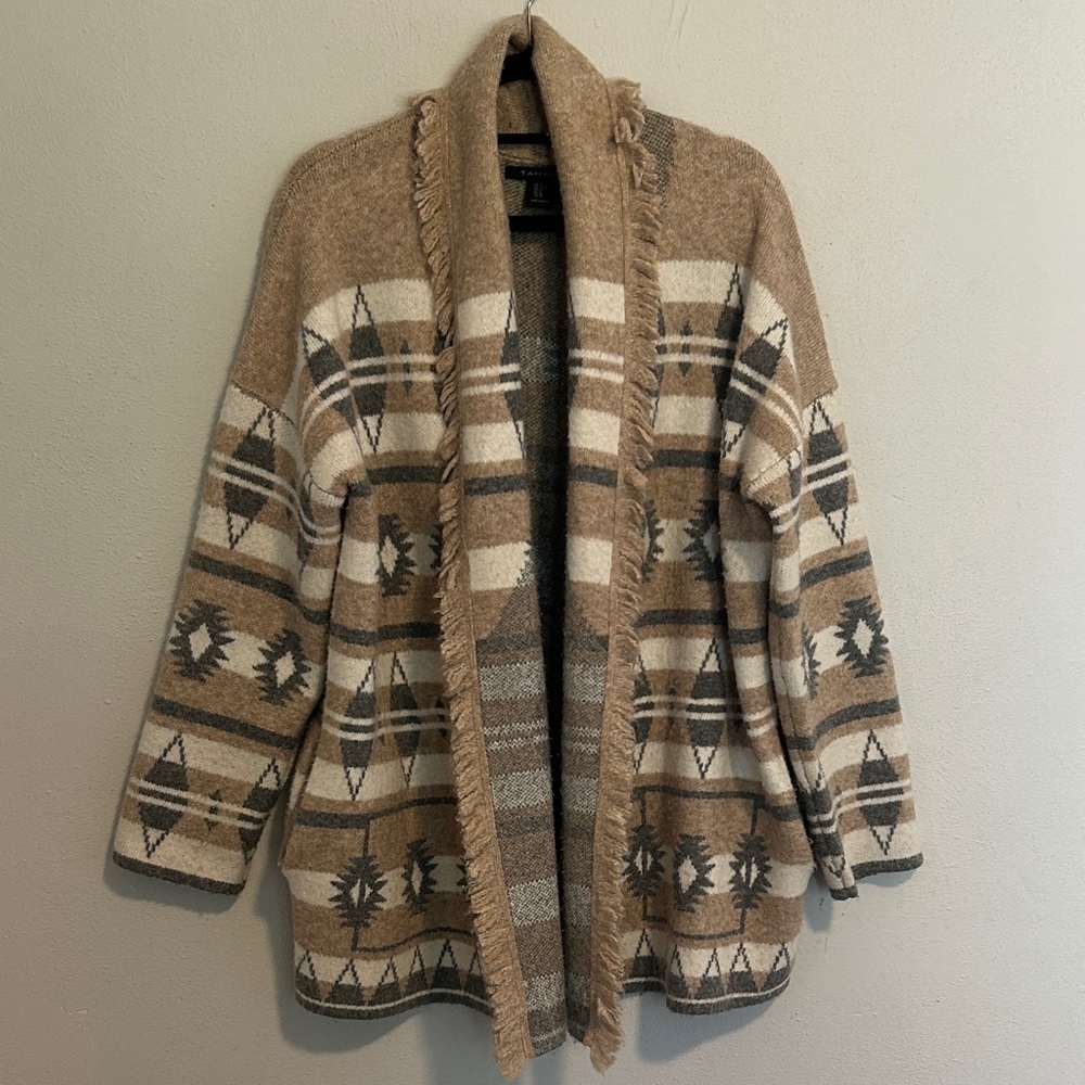 Tahari  aztec fringe western style Brown and Cream Geometric Cardigan